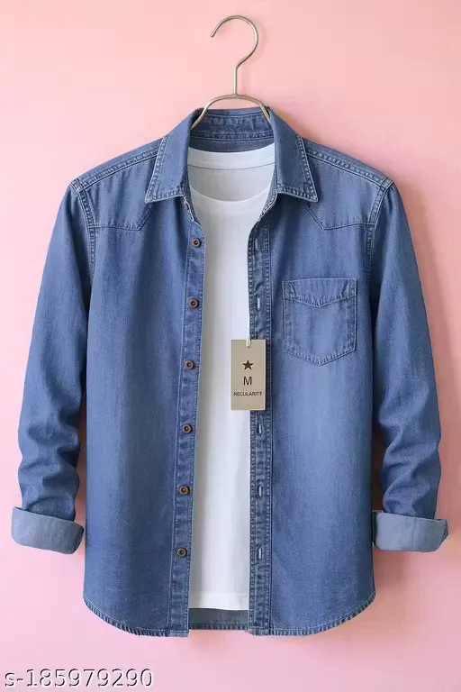 Men’s Casual Denim Shirt – Classic Button-Down Chambray Shirt (S)